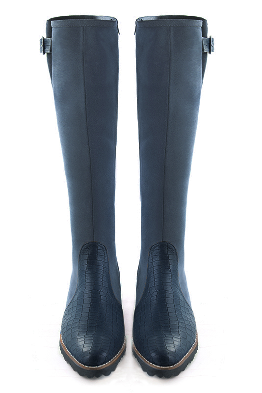 Denim blue women's knee-high boots with buckles. Round toe. Flat rubber soles. Made to measure. Top view - Florence KOOIJMAN
